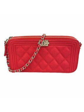 Chanel Shoulder Bag Boy Quilted Caviar Leather Red Silver